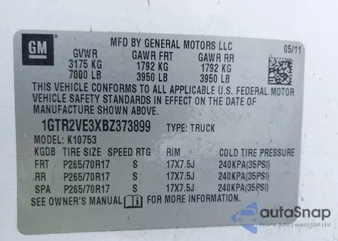 2011 GMC Sierra 1500 Sle z USA, uszkodzony, nr VIN 1GTR2VE3XBZ373899